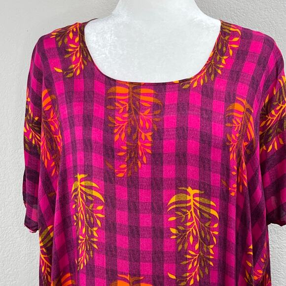 Pink Black Checkered Gold Leaf Semi-Sheer Summer Cover Up Kaftan Maxi Dress XS - Picture 4 of 14